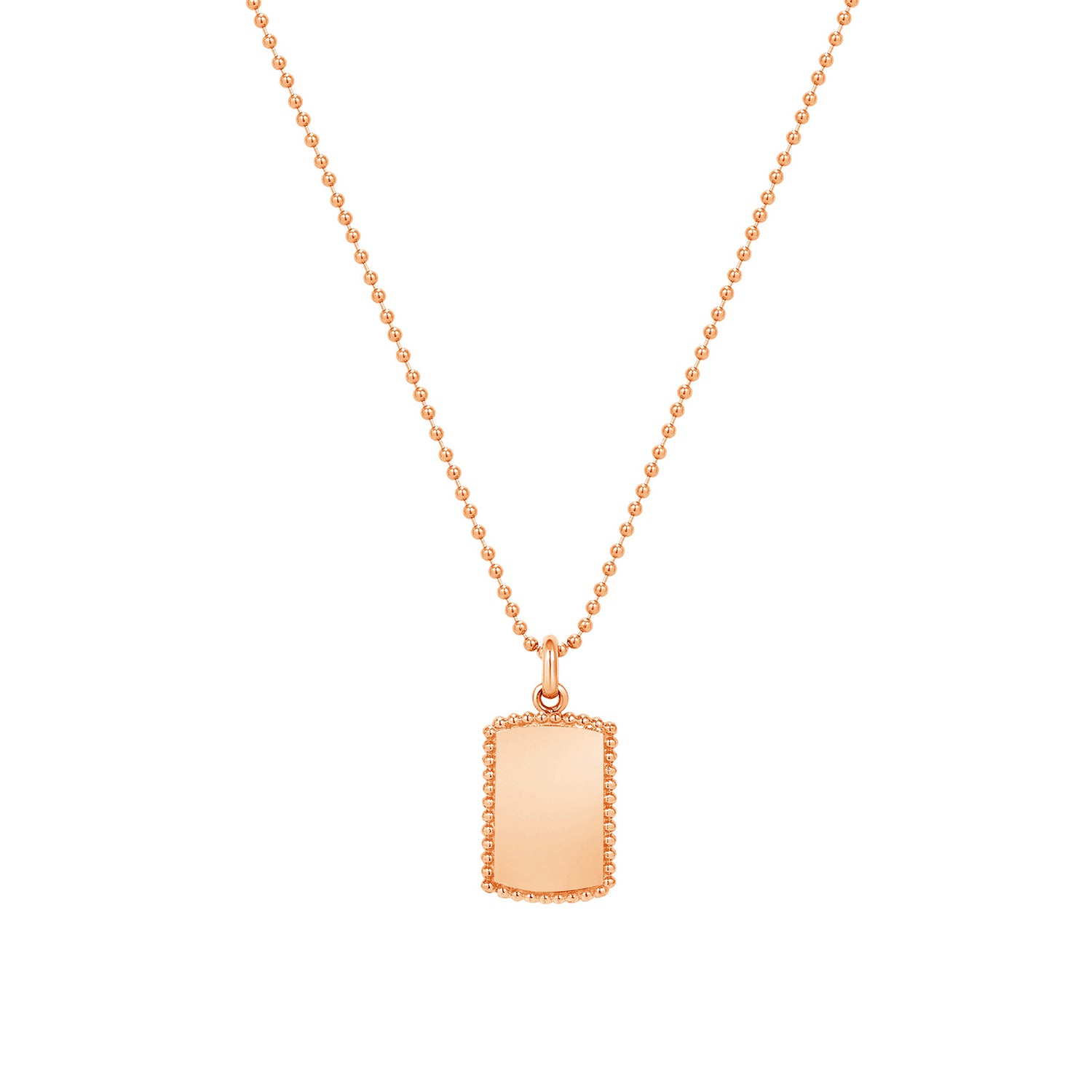 14K Solid Gold Beaded Border Dog Tag Necklace with Engravable Polished Pendant on Bead Chain