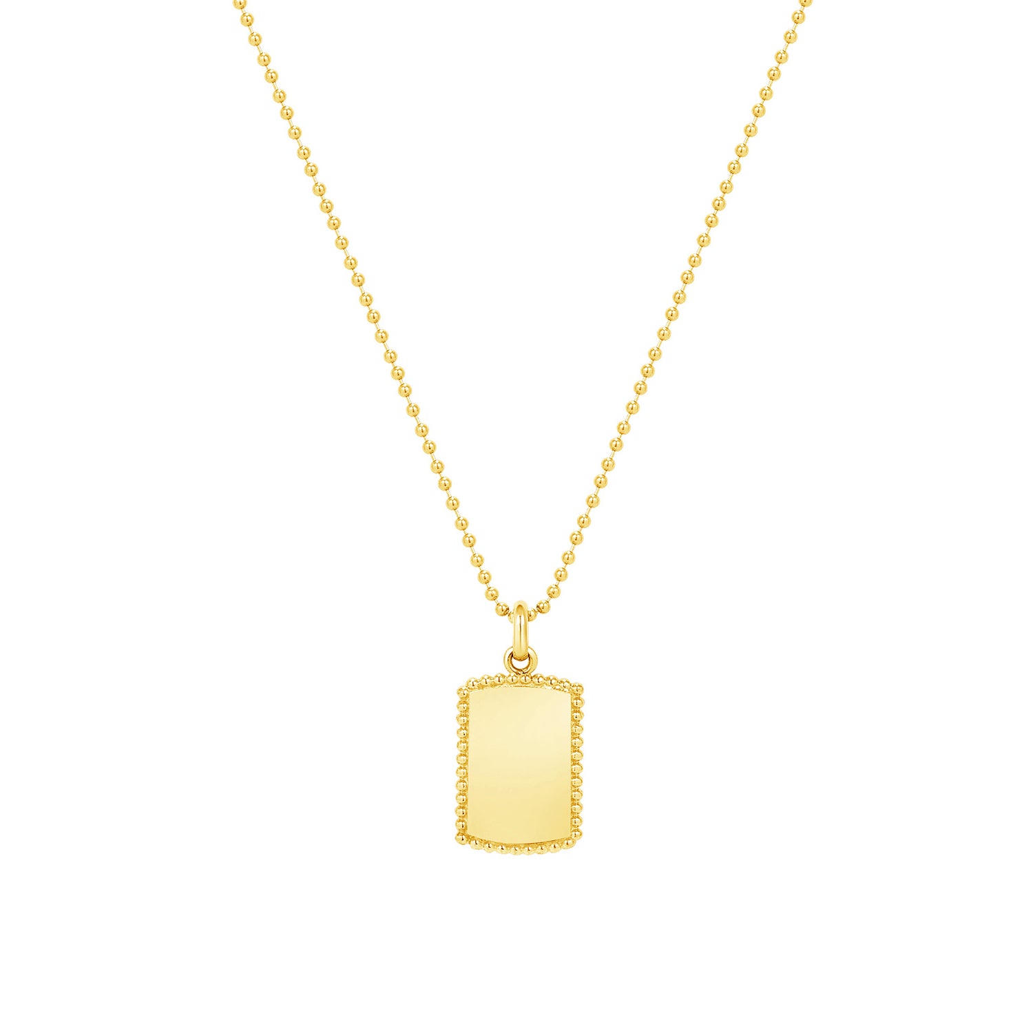 14K Solid Gold Beaded Border Dog Tag Necklace with Engravable Polished Pendant on Bead Chain