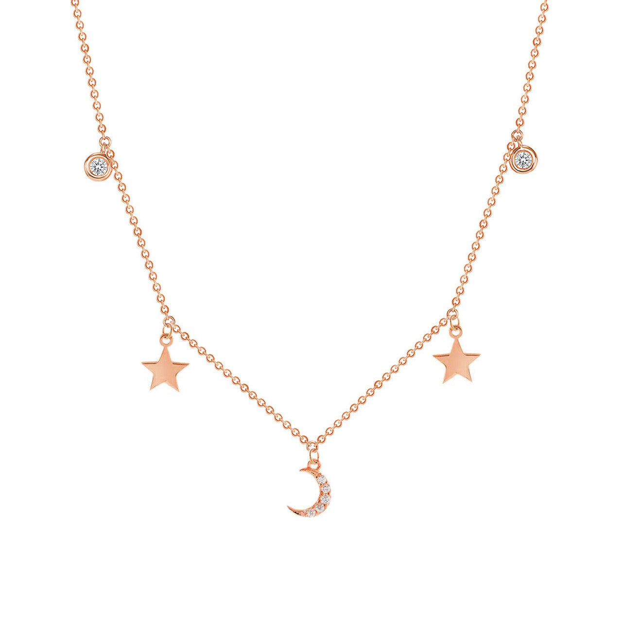 Bezel Diamond with Moon and Star Necklace 14K Rose Gold
