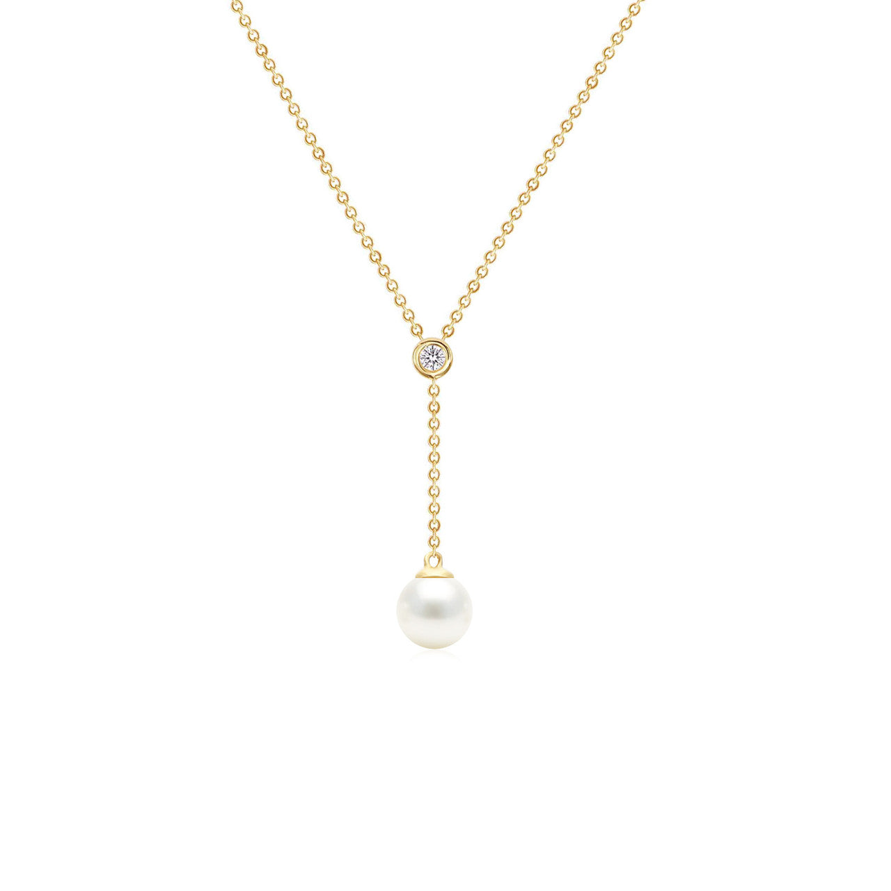 Freshwater Pearl Drop with Diamond Bezel Necklace 14K Gold
