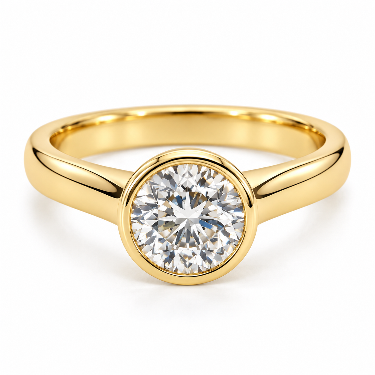 14K yellow gold bezel set round lab grown diamond solitaire ring