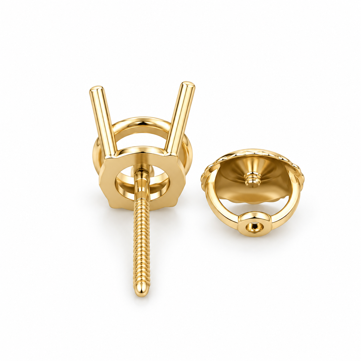 14K gold 4-prong stud earring setting with threaded post and screw-back closure on white background.
