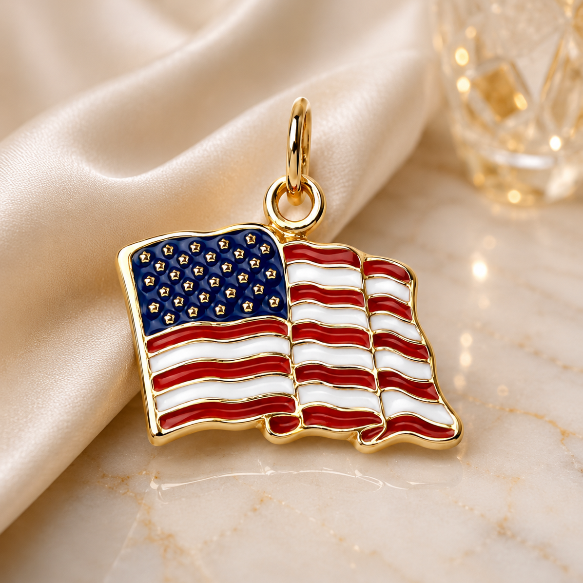 14K Gold Enamel American Flag Charm Pendant