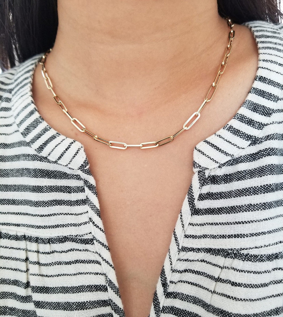 Paper Clip Chain Necklace 14K Yellow Gold on Model
