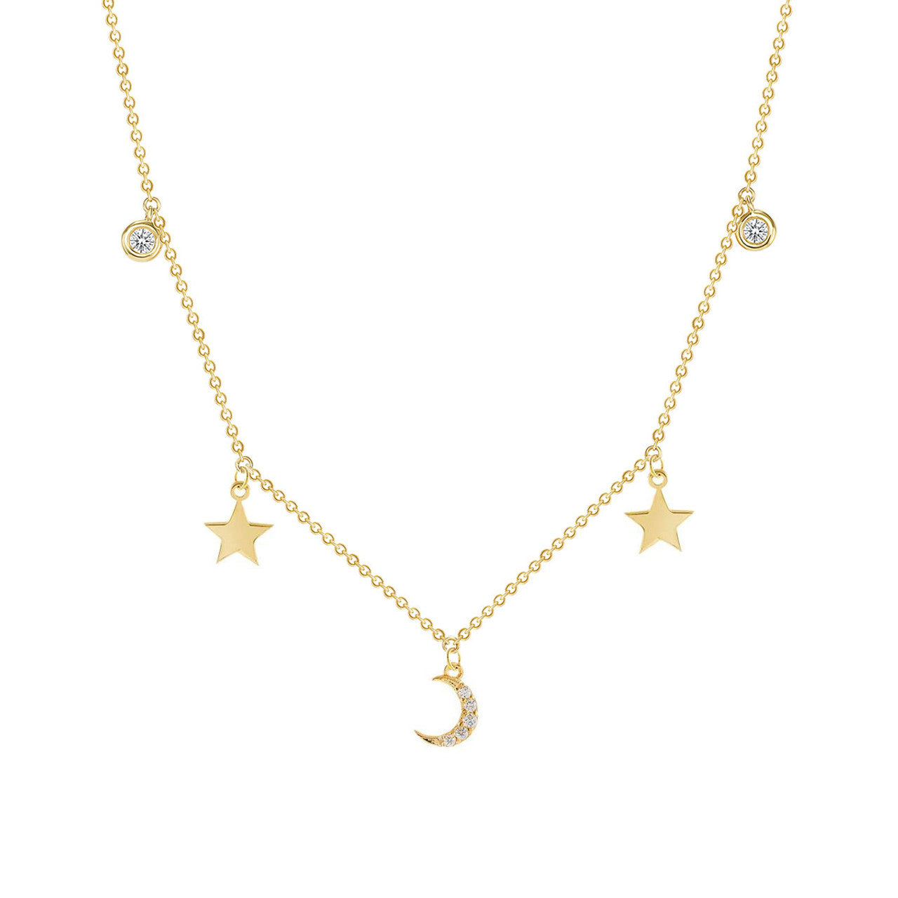 Bezel Diamond with Moon and Star Necklace 14K Yellow Gold