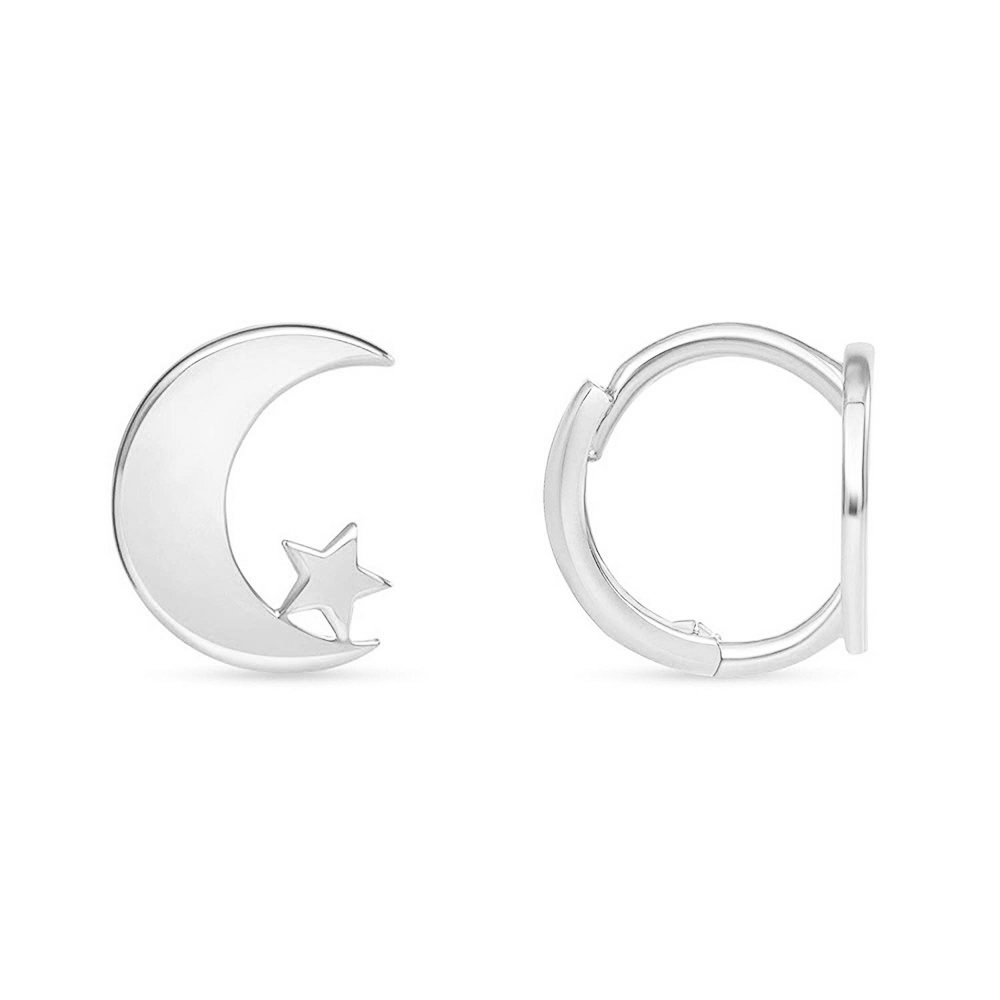 14K Gold Crescent Moon and Star Huggie Hoop Earrings - Celestial Jewelry