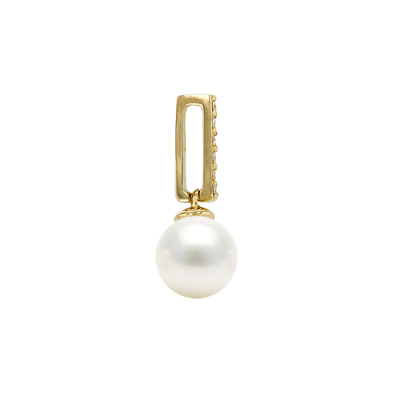 14K Gold Diamond Paperclip with Dangling Pearl Cup Pendant