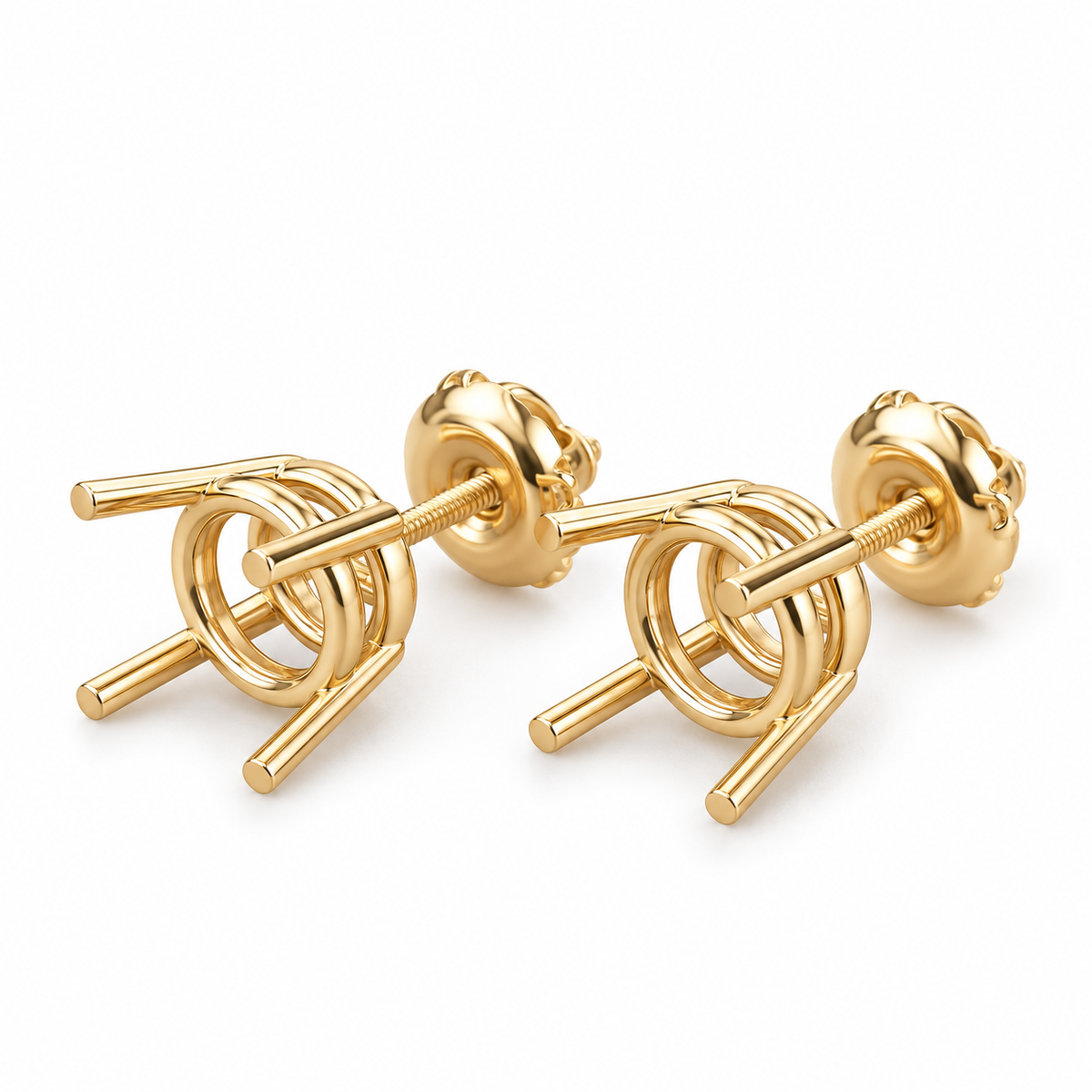 14K yellow gold 4-prong stud earring setting with screw-back post