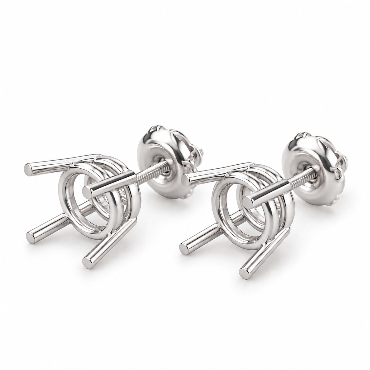 14K white gold 4-prong stud earring setting with screw-back post