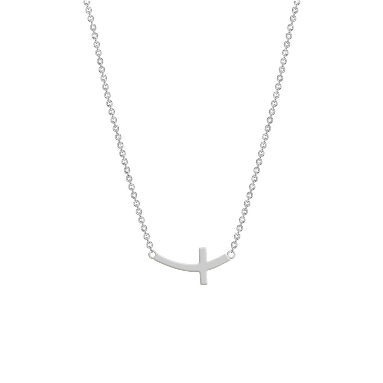 Sideways Small Curved Cross Necklace 14K White Gold