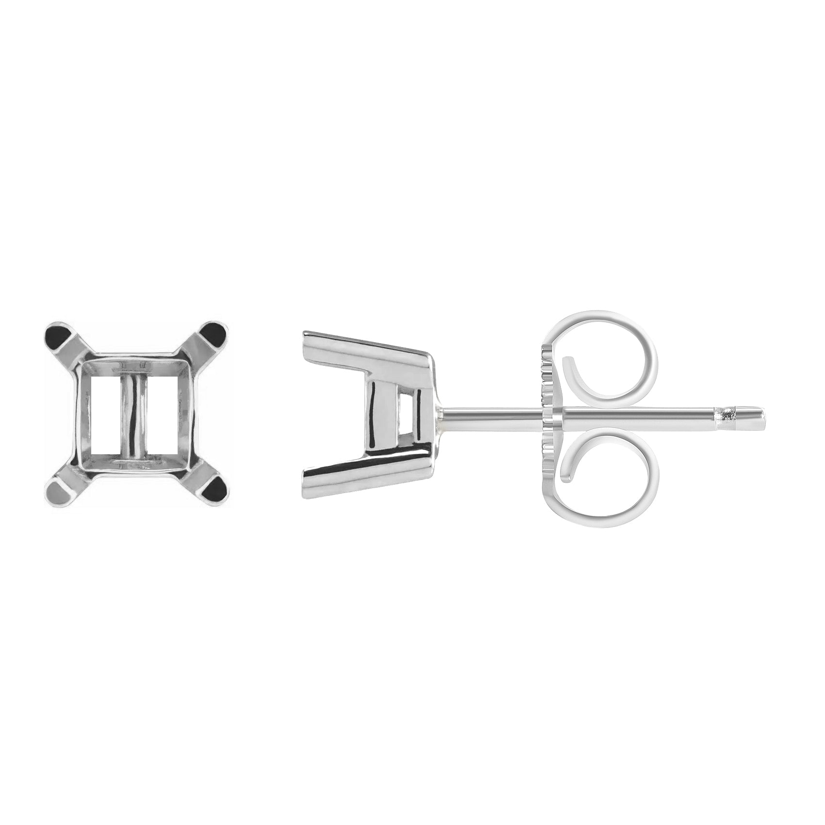 14K White Gold 4 Prong Square Stud Earrings Mounting