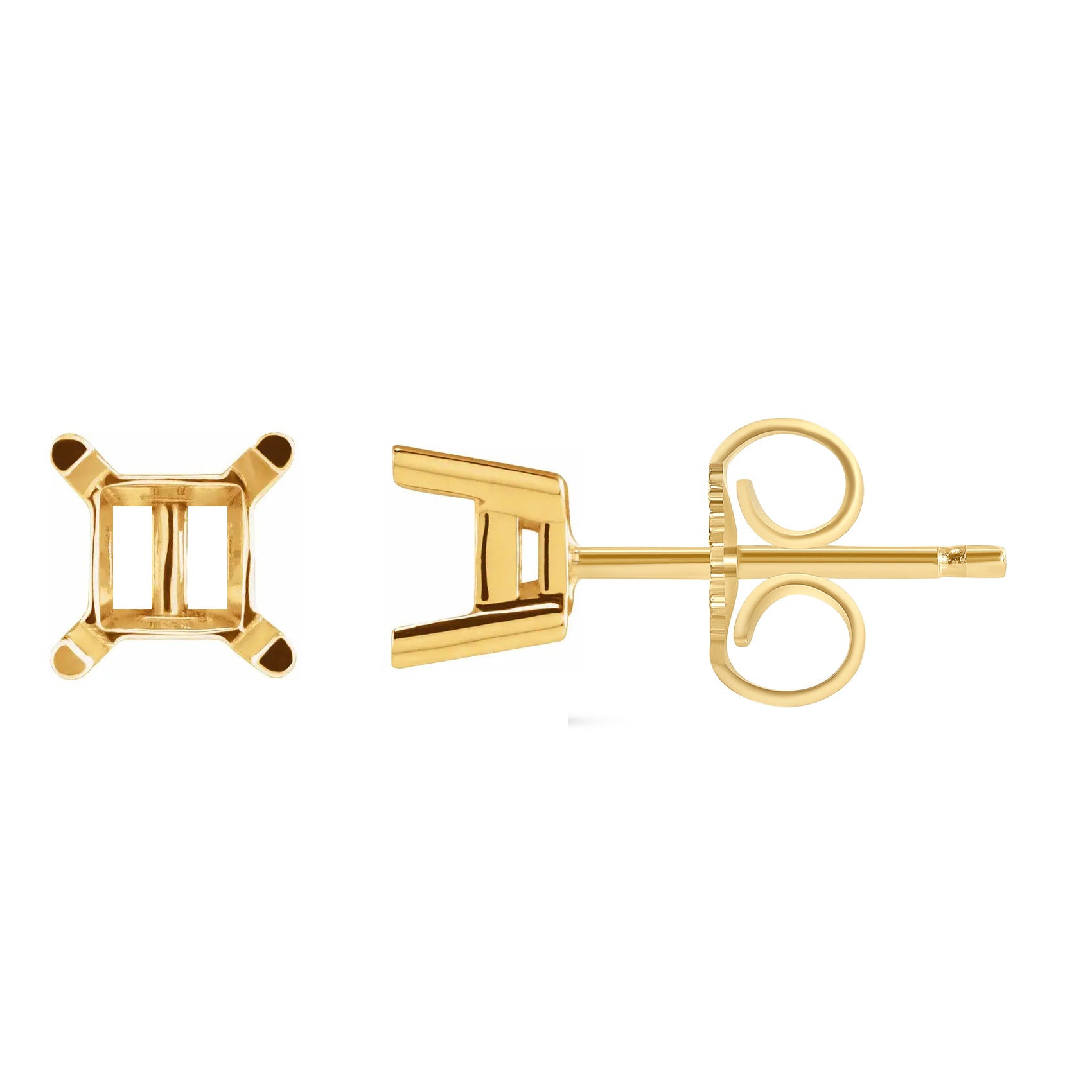 14K Yellow Gold 4 Prong Square Stud Earrings Mounting