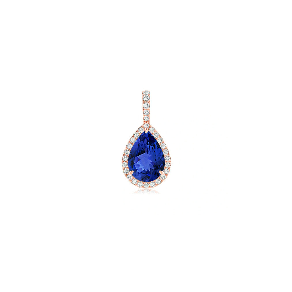 Tanzanite Teardrop with Diamond Halo Pendant Necklace 14K Gold