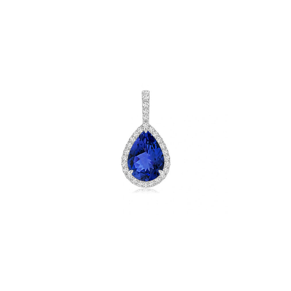 Tanzanite Teardrop with Diamond Halo Pendant Necklace 14K Gold