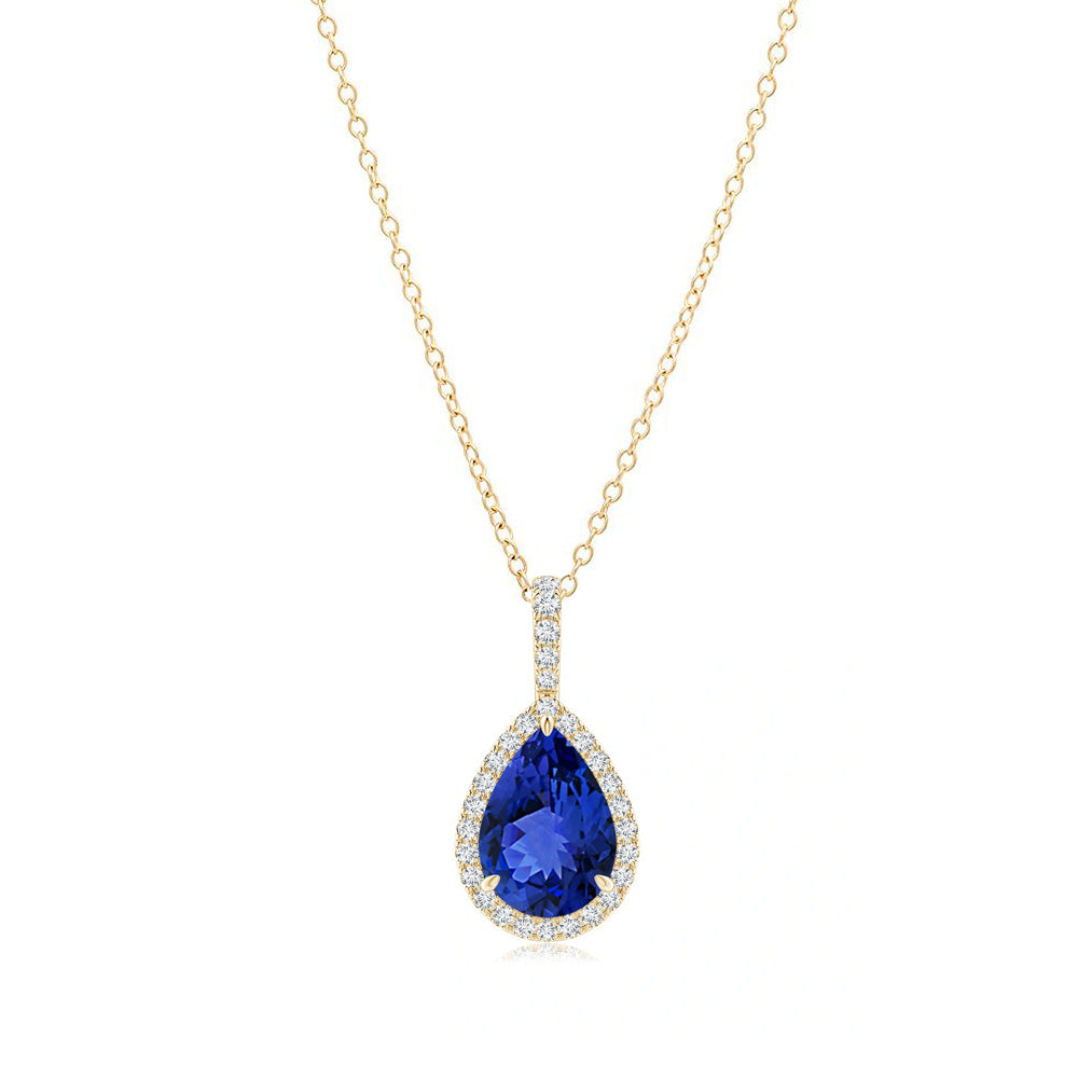 Tanzanite Teardrop with Diamond Halo Pendant Necklace 14K Gold