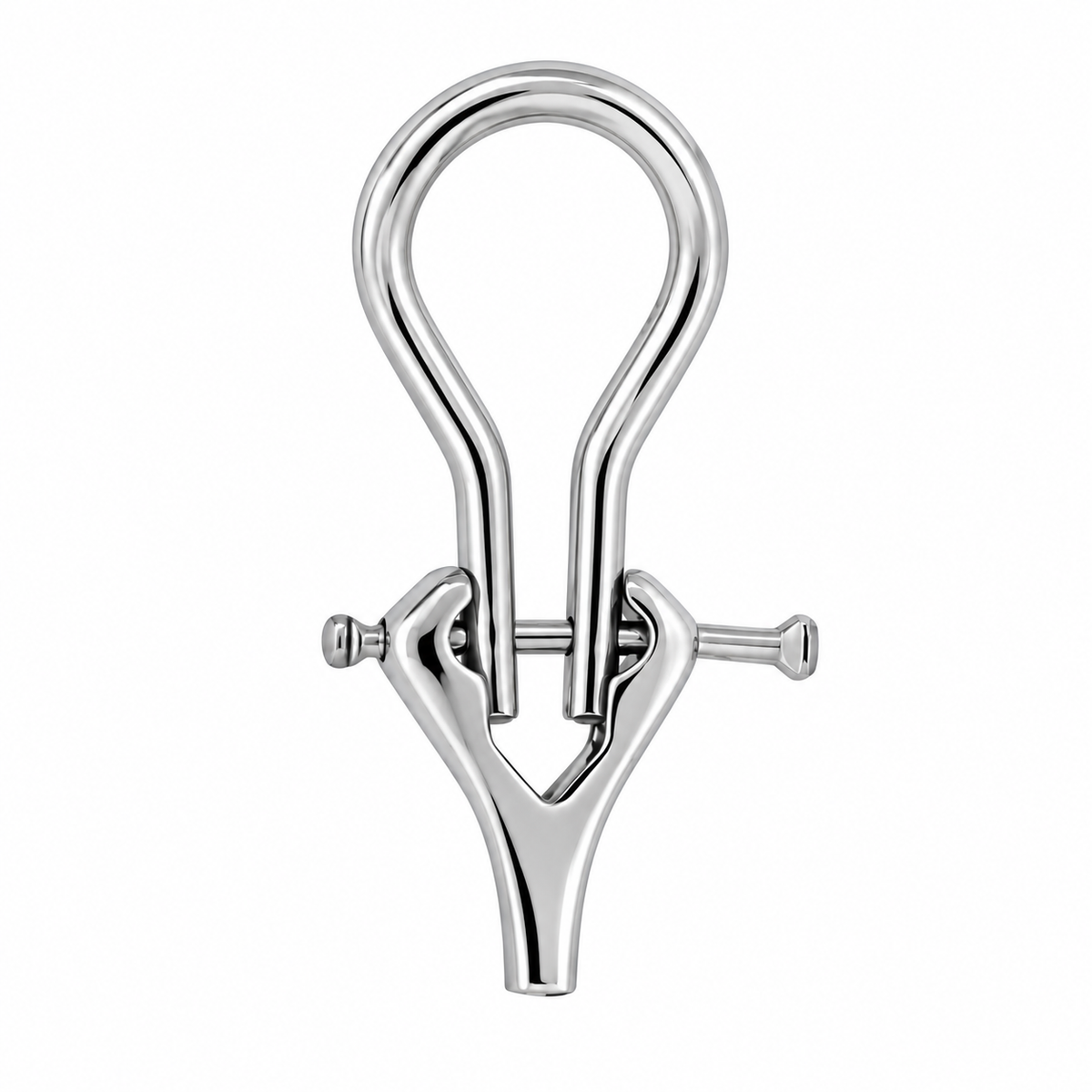 Omega clip earring back with polished platinum-colored finish and centered hinge pin on a white background