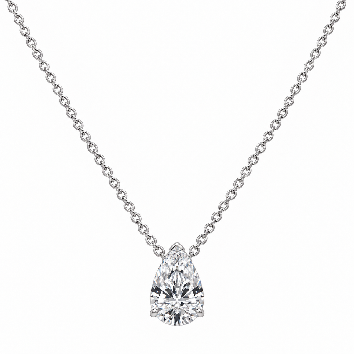 Lab-grown pear-shaped diamond necklace in 14K white gold, 1ct to 4ct, IGI certified, slide-on pendant with no bail