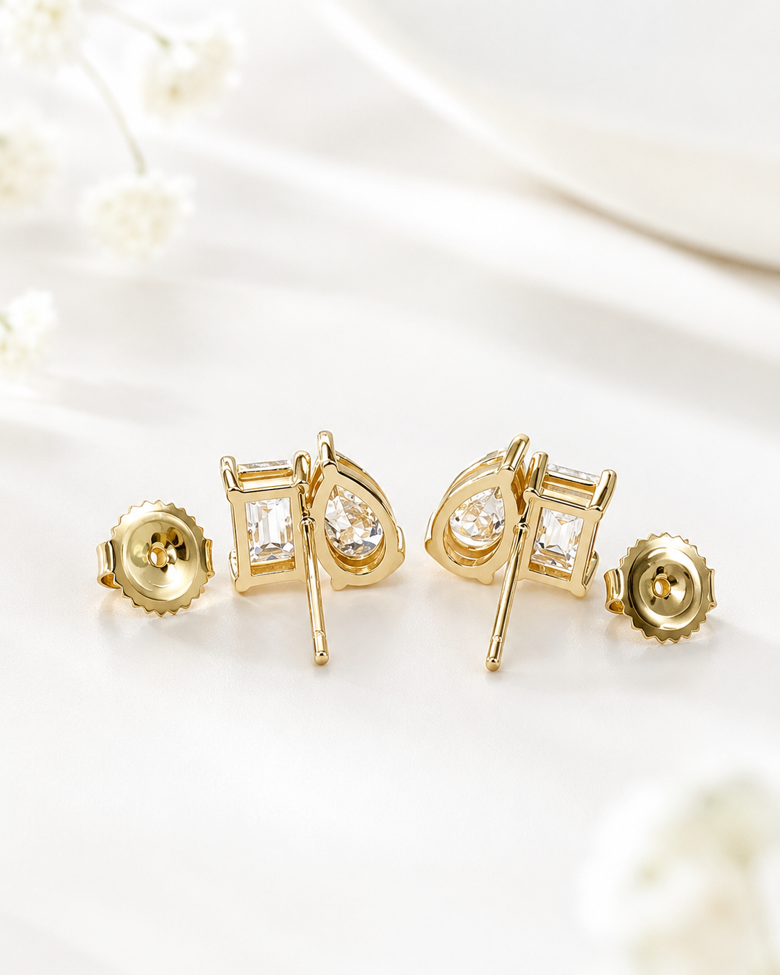 14K Gold Lab Grown Diamond Pear & Emerald Cut Stud Earrings