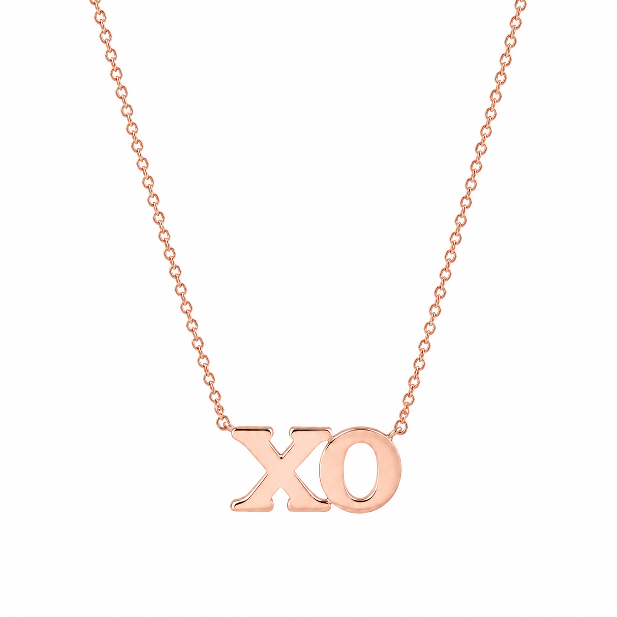 14K solid gold XO necklace in yellow gold on a delicate cable chain, available in yellow, white, and rose gold.