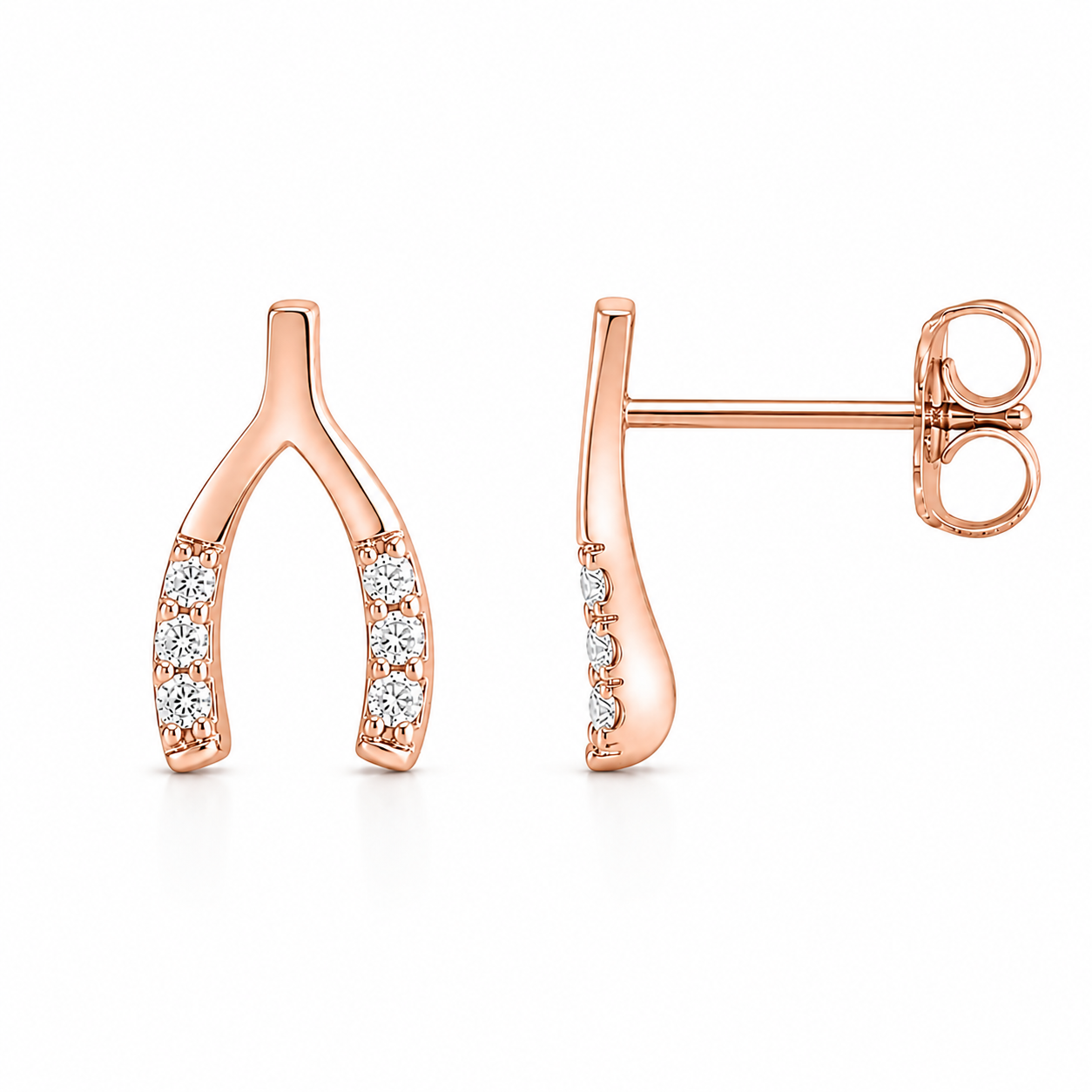 14K Solid Gold Diamond Wishbone Stud Earrings | Natural Diamond Lucky Horseshoe Earrings