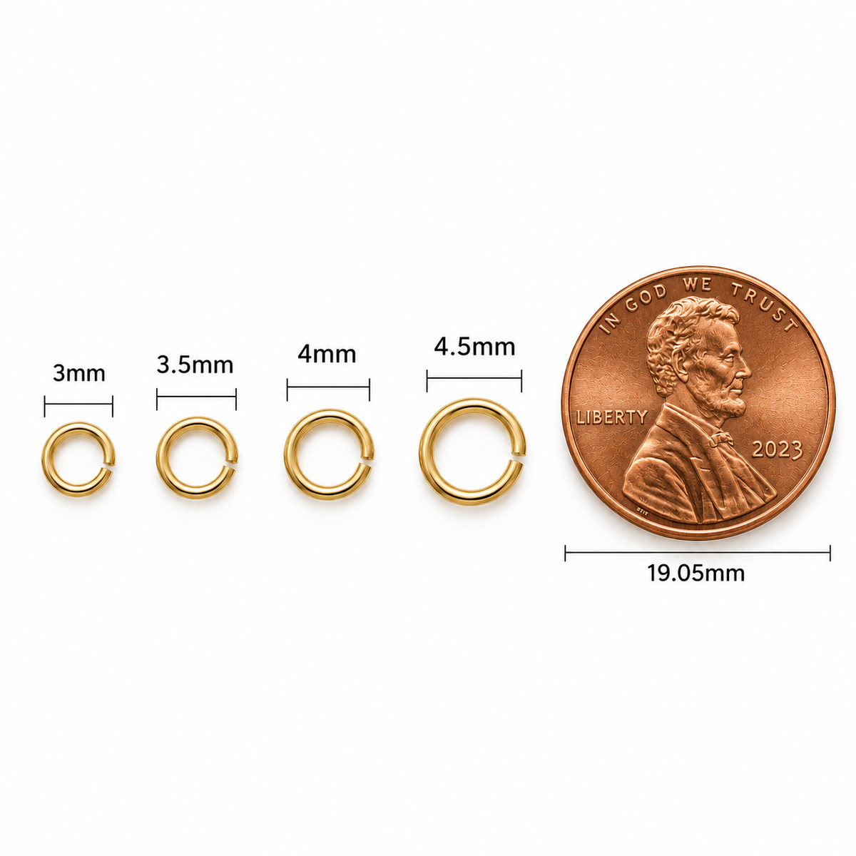 18K yellow gold open jump ring size comparison, 3mm, 3.5mm, 4mm and 4.5mm, 0.63mm wire thickness