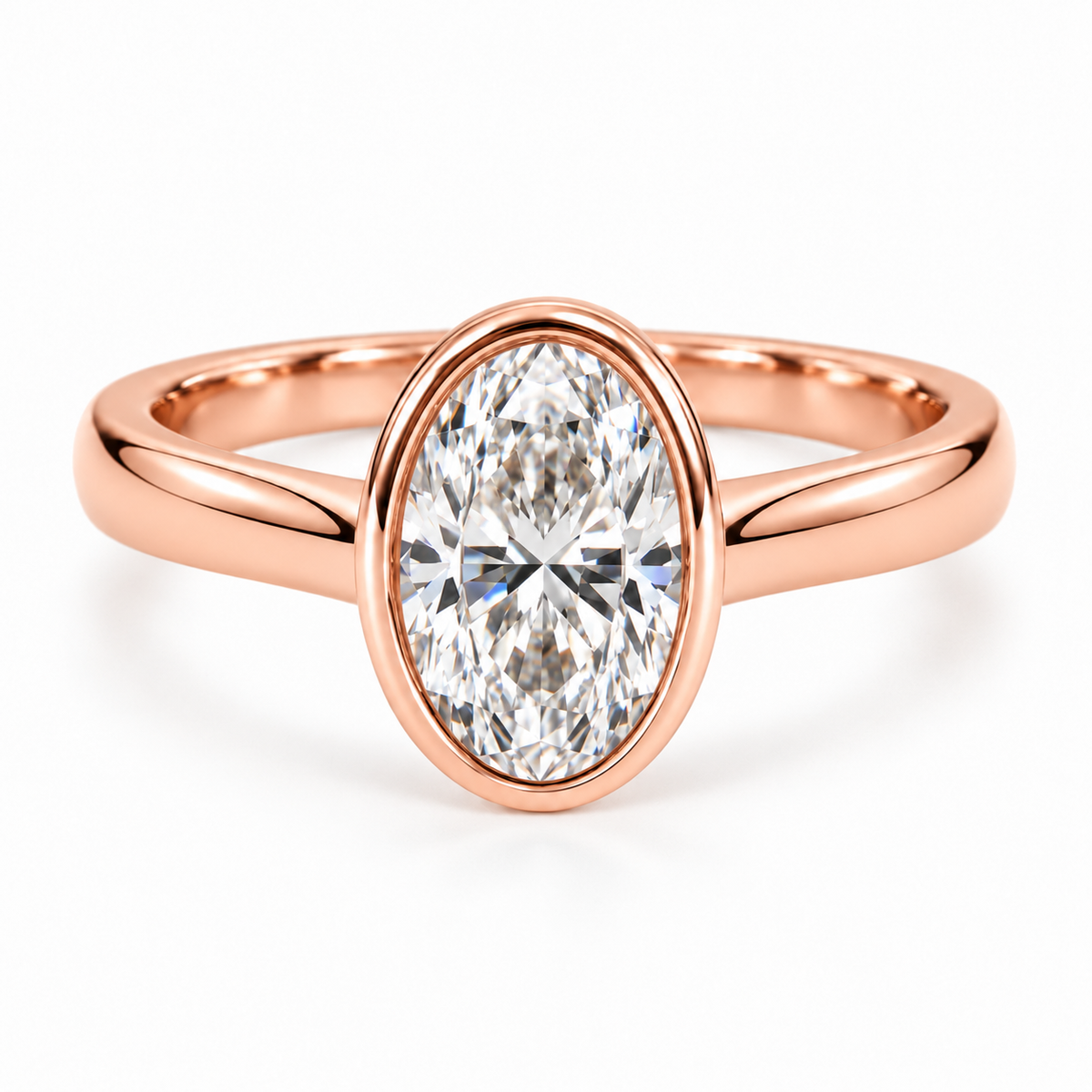 A rose gold engagement ring featuring a marquise-cut diamond center stone in an oval bezel setting, shown on a clean white background.