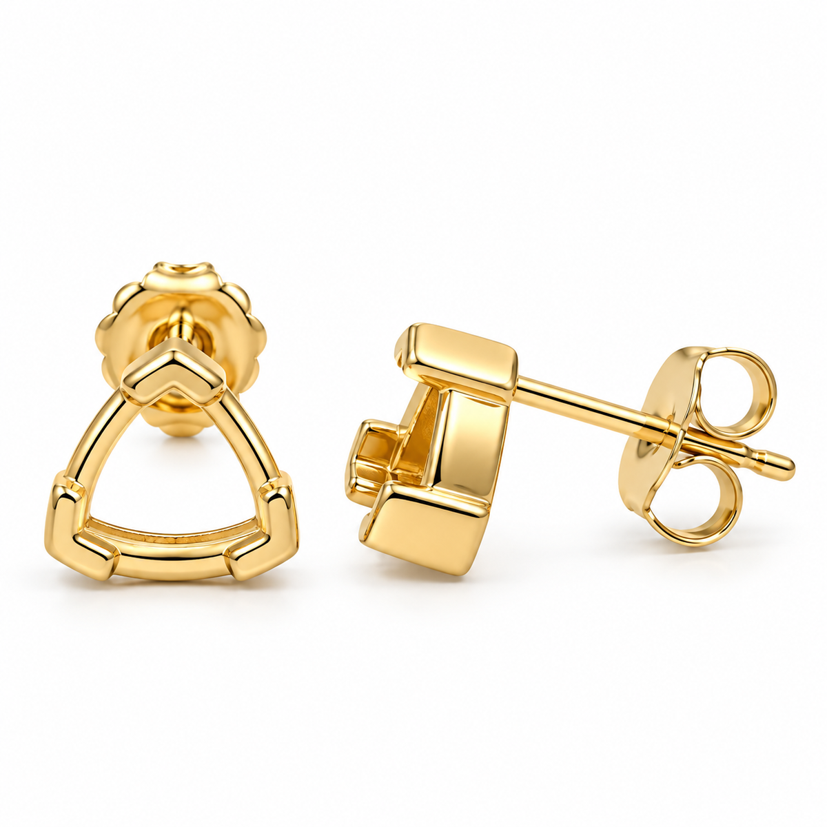 A pair of gold stud earrings on a clean white background, showing both the front triangular hoop design and the side post-back setting detail.