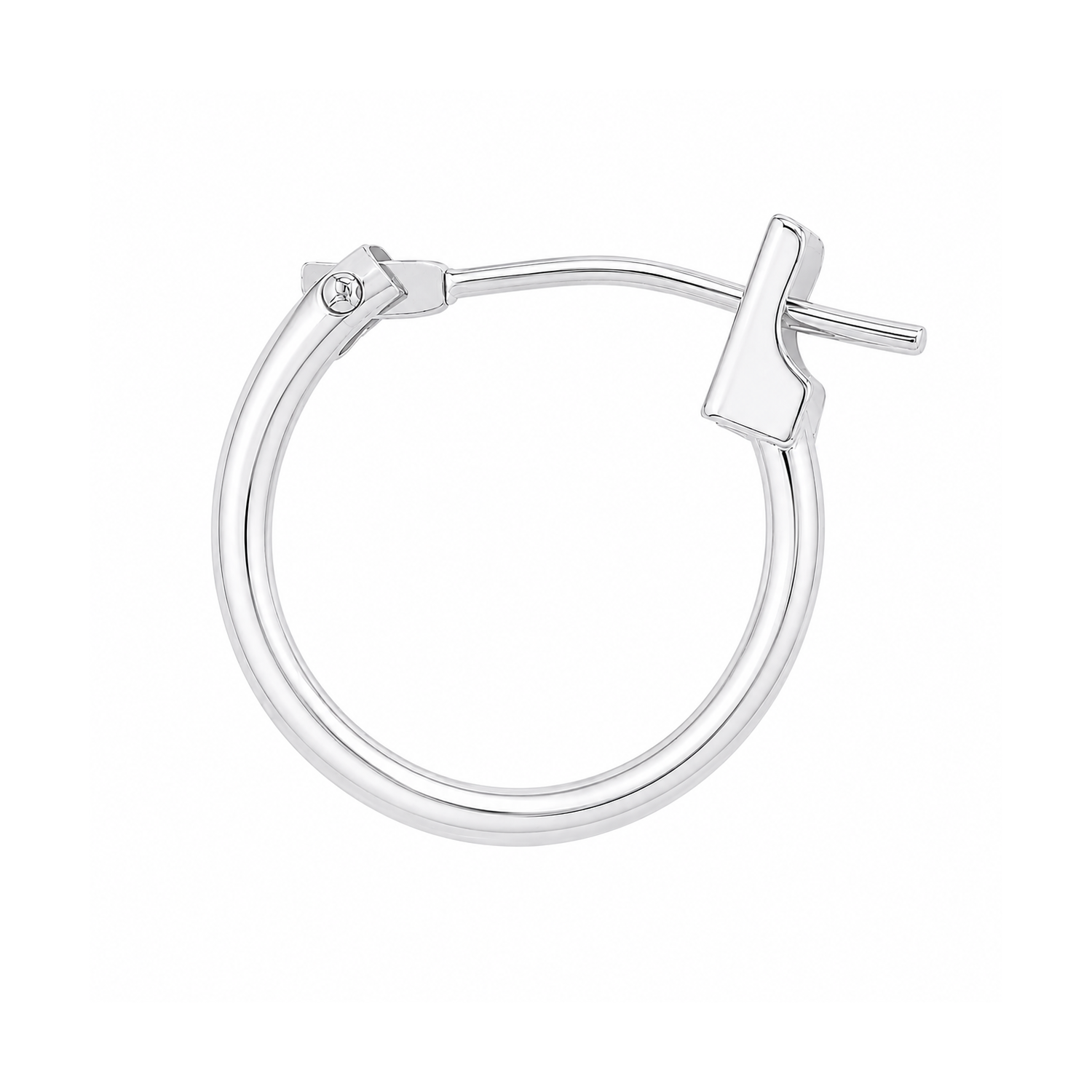 A polished silver hoop earring with a modern flat bar clasp, shown on a clean white background.