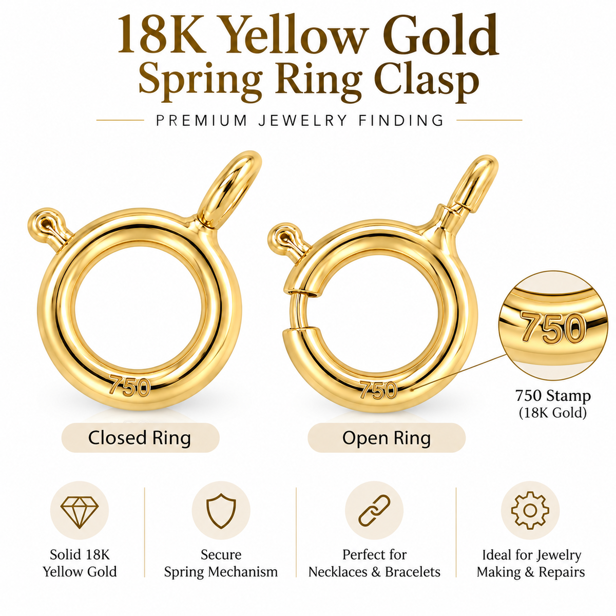 18K Yellow Gold Spring Ring Clasp – Round Jewelry Clasp