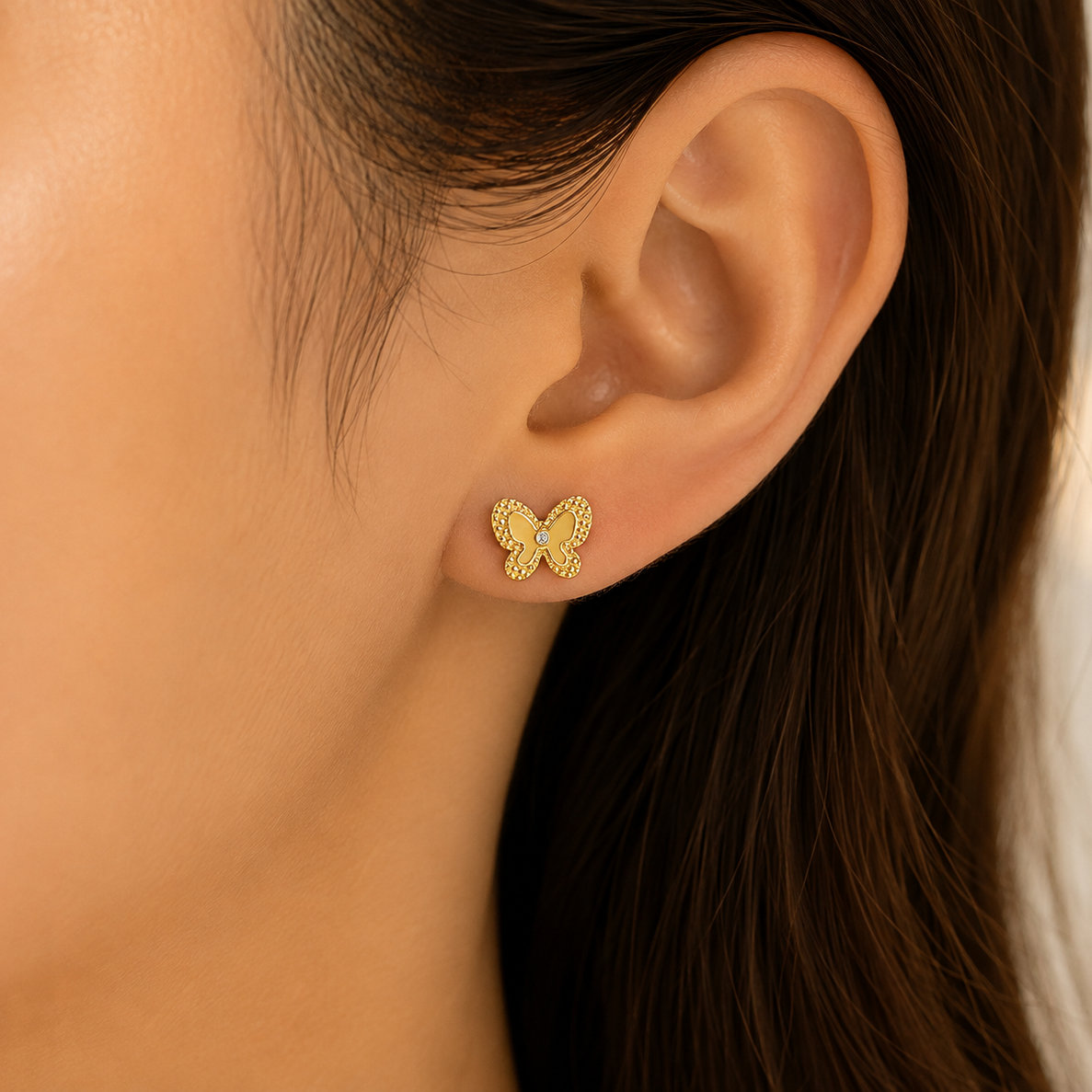 14K Yellow Gold Butterfly CZ Stud Earrings