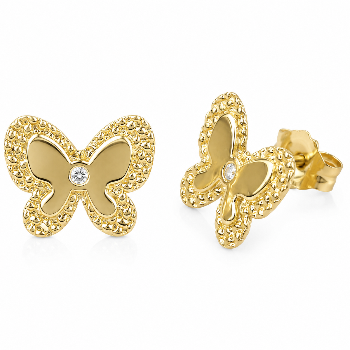 14K Yellow Gold Butterfly CZ Stud Earrings