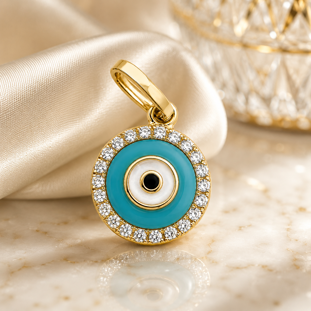 14K Gold Diamond Evil Eye Pendant Charm with Turquoise Enamel