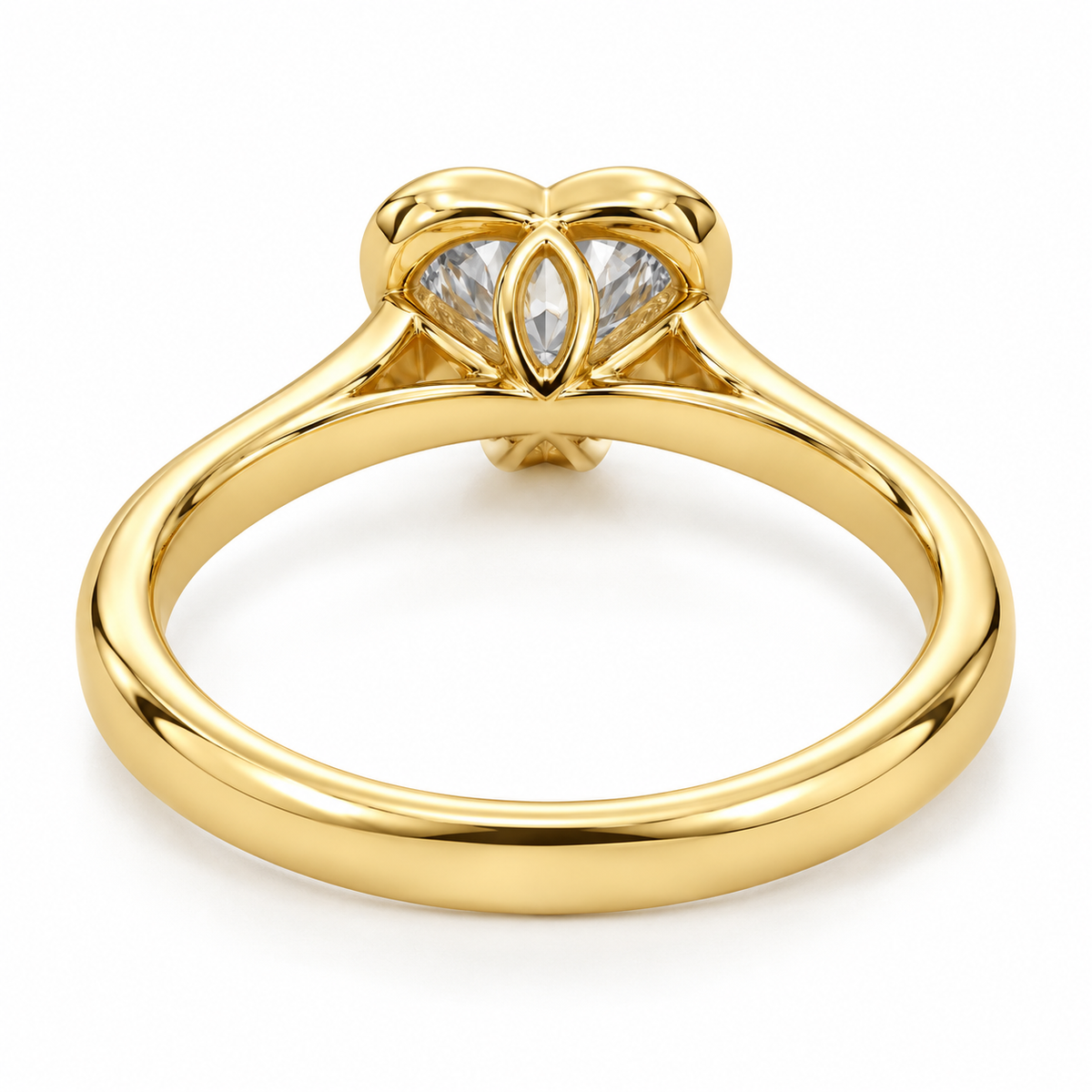 Back view of 14K gold bezel set lab grown diamond ring with sculpted open gallery detail