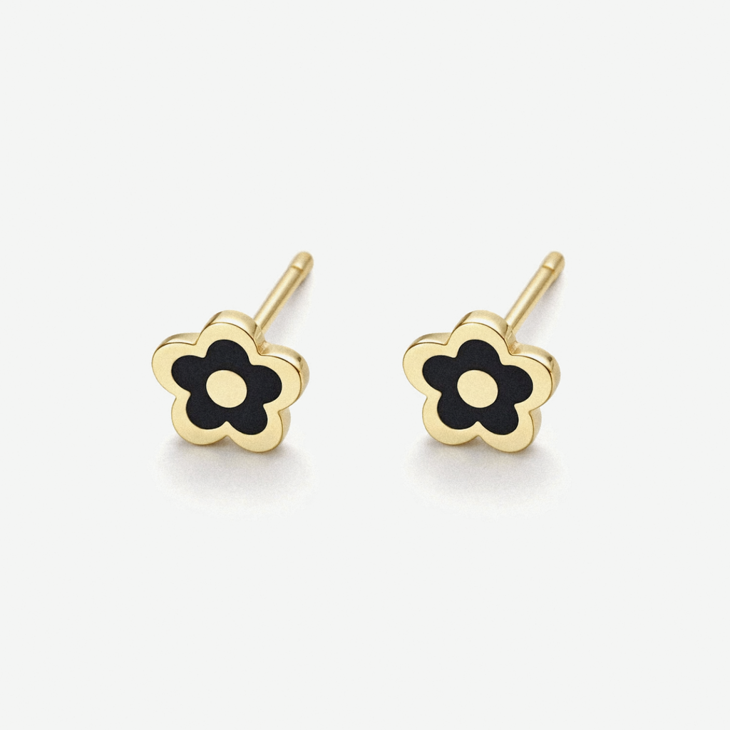 14K Yellow Gold Black Enamel Flower Stud Earrings