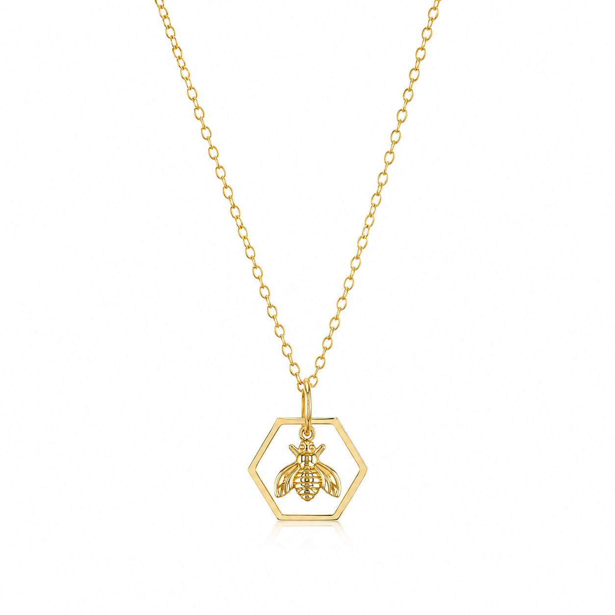 14K Solid Gold Honey Bee Hexagon Necklace